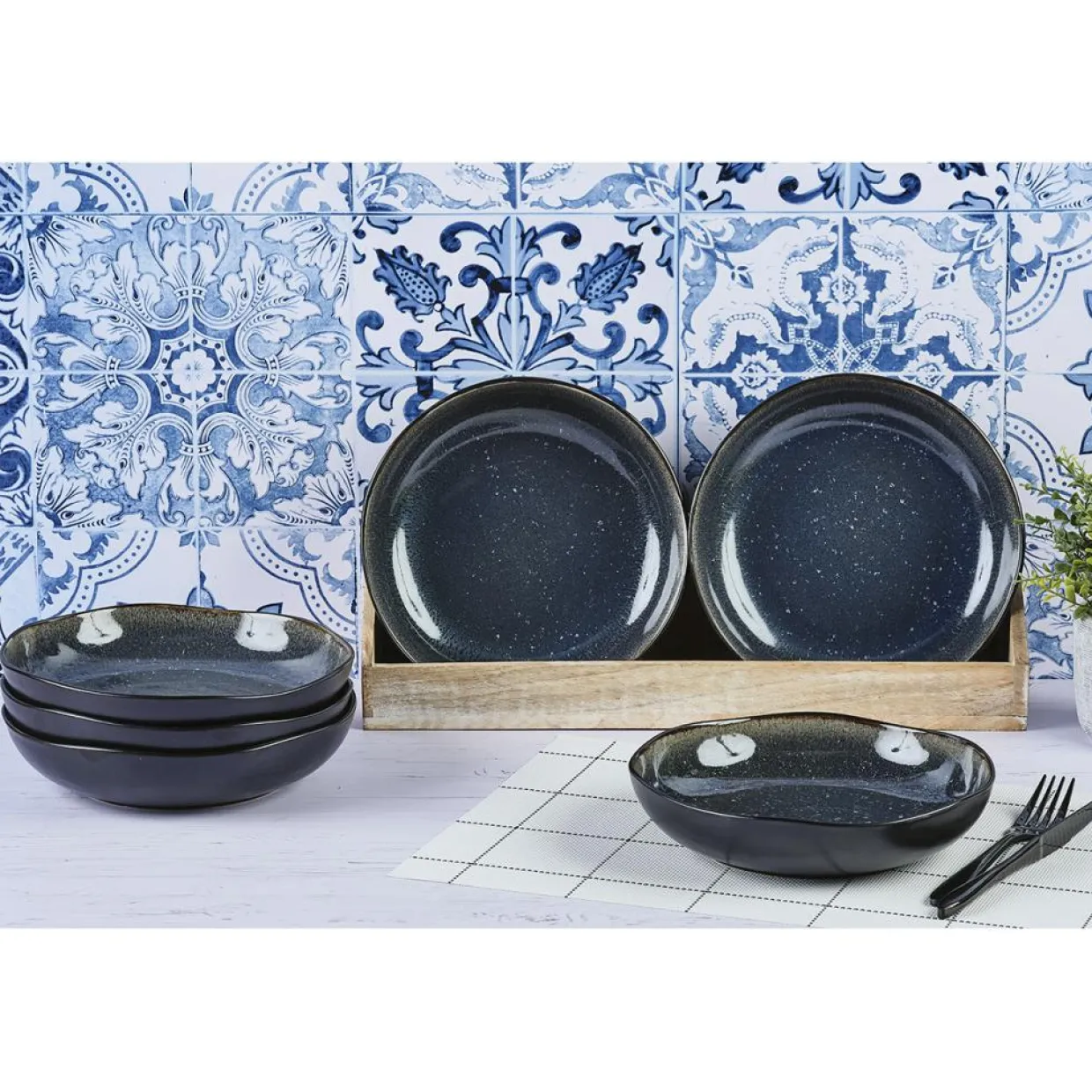 Bjorn Assiettes^6 Assiettes creuses en Grès Iris bleu foncé - D.22.5 cm