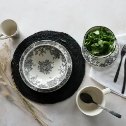 6 Assiettes CreusesFlorali 20.5Cm En GrèsDécor Noir-Novastyl