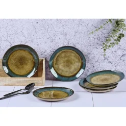6 Assiettes en Grès Island kaki/bleu - D.20.5 cm-Bjorn Outlet