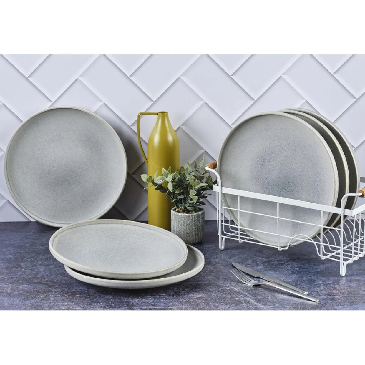 6 Assiettes plates en Grès Stone gris clair - D.27.5 cm-Bjorn Outlet