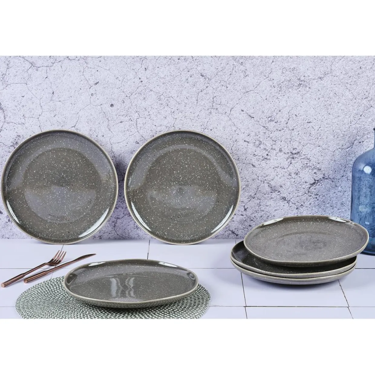 6 Assiettes plates en Grès Stellar gris/anthracite - D.27 cm-Bjorn Online