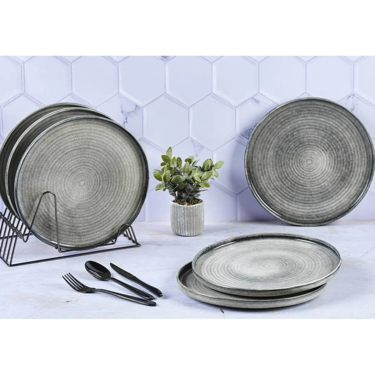 6 Assiettes plates en Grès Zen gris/bleu - D.28 cm-Bjorn