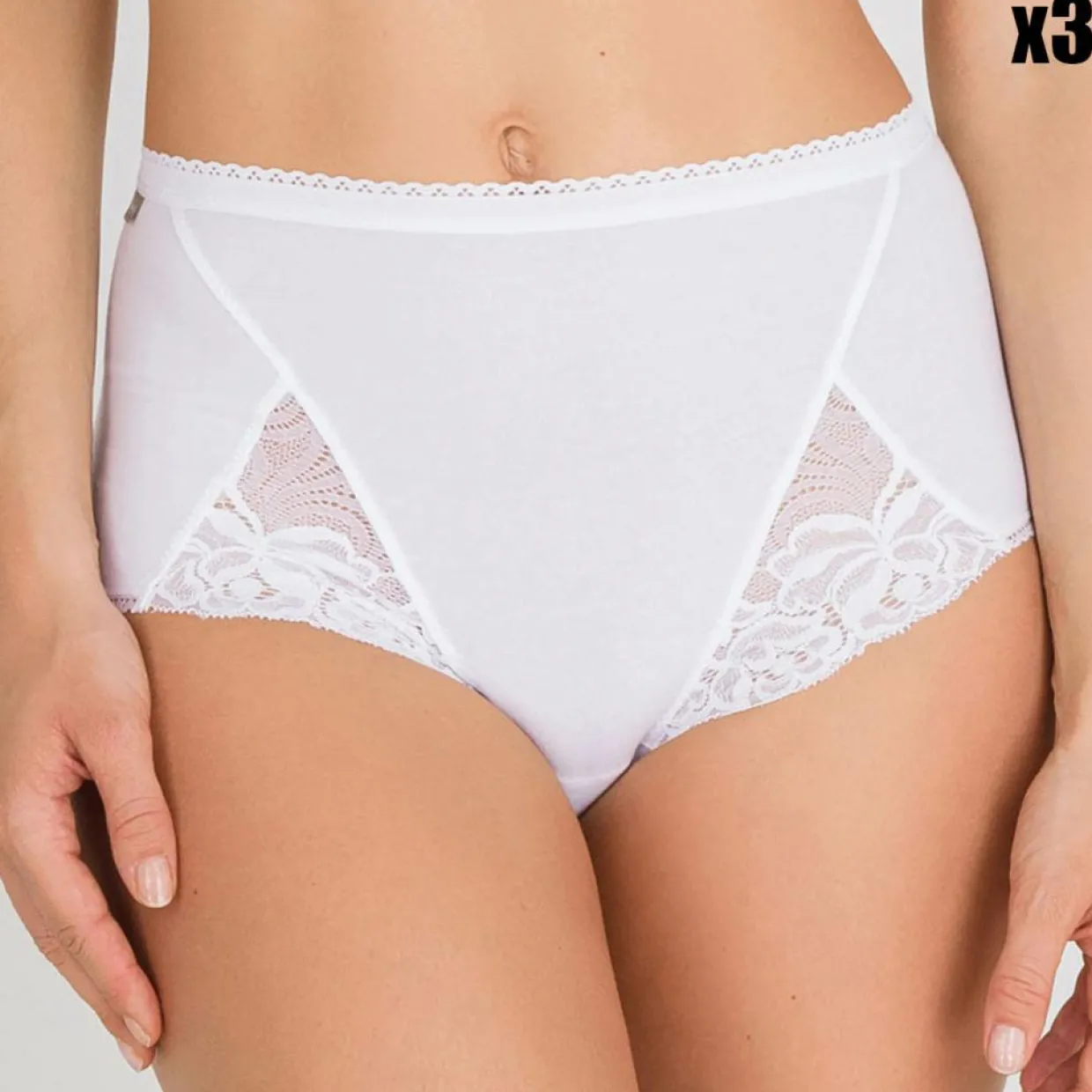 Femme Playtex Lingerie, Nuit^3 Culottes taille haute Coton & Dentelle blanches