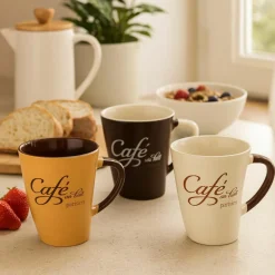 6 Mugs Café Parisien30Cl En Grès 3 DécorsAssortis-Novastyl New