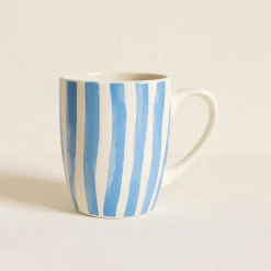6 Mugs Corfu 38Cl EnGrès Blanc Avec DesRayures Bleues-Novastyl Clearance