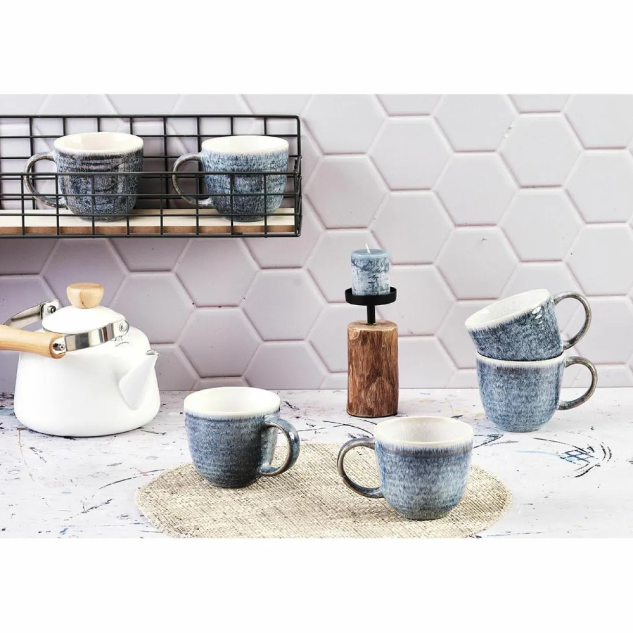6 Mugs Cosmos bleu/blanc nacré - 30 cl-Bjorn Discount