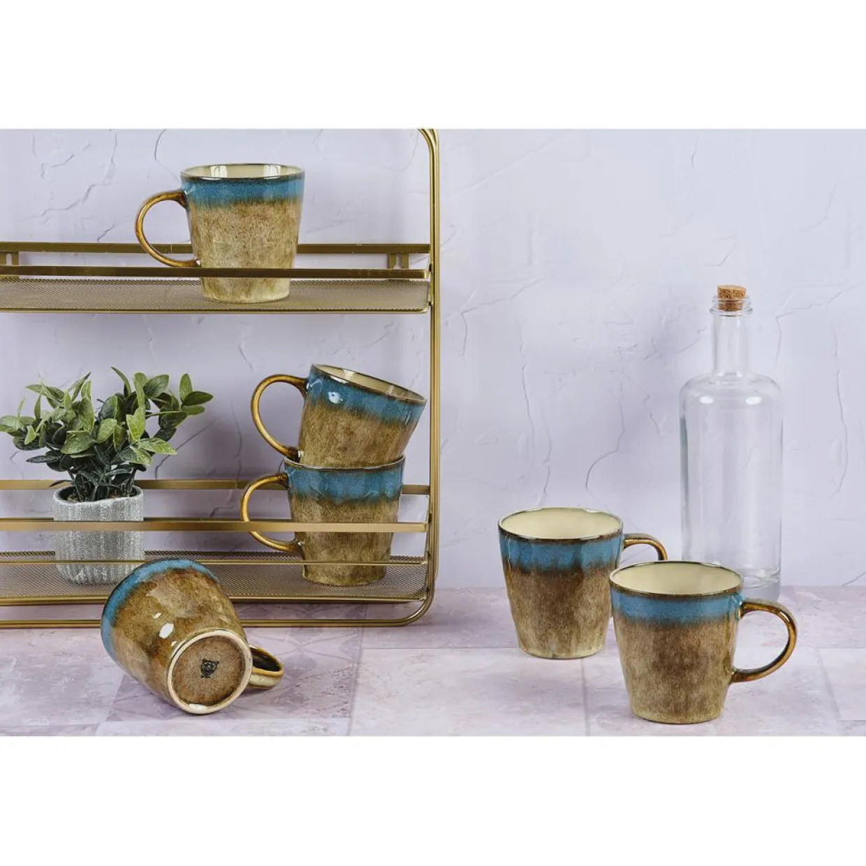 6 Mugs en Grès Island kaki/bleu - 40 cl-Bjorn Discount
