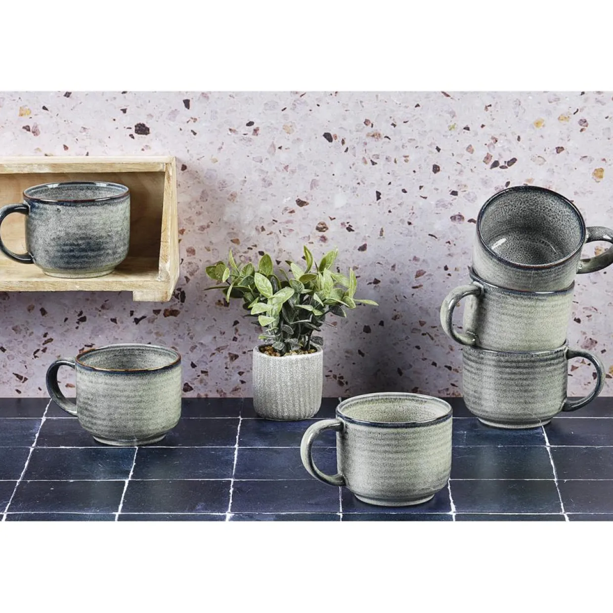 6 Mugs en Grès Zen gris/bleu - 40 cl-Bjorn Online