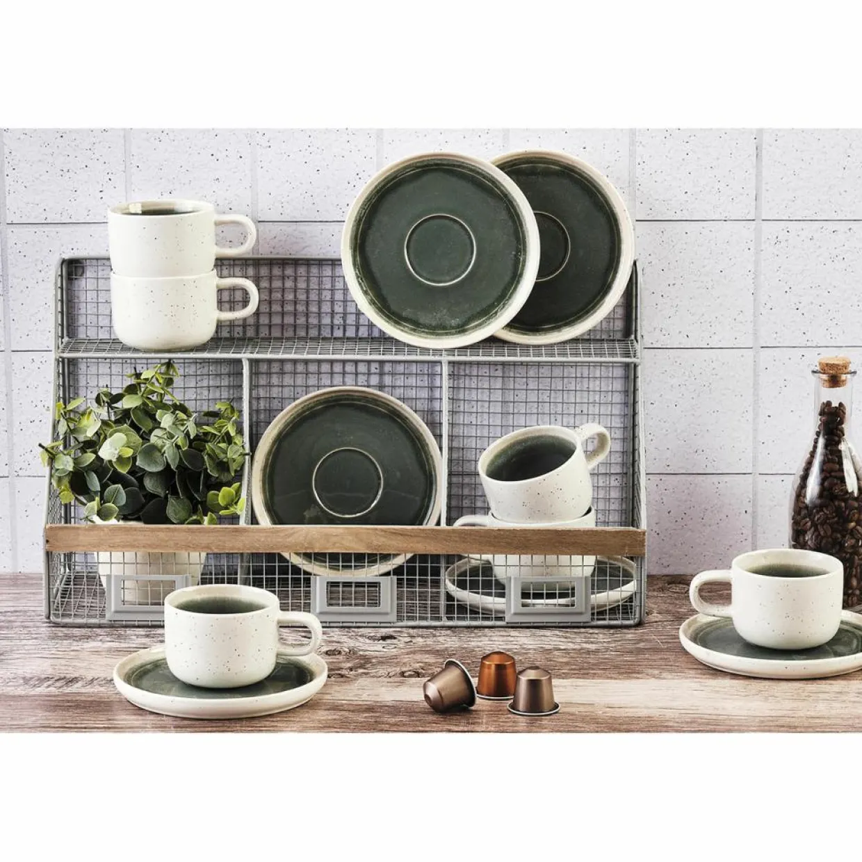 6 Tasses avec soucoupe Oxygen gris/vert bouteille/beige - 20 cl-Bjorn
