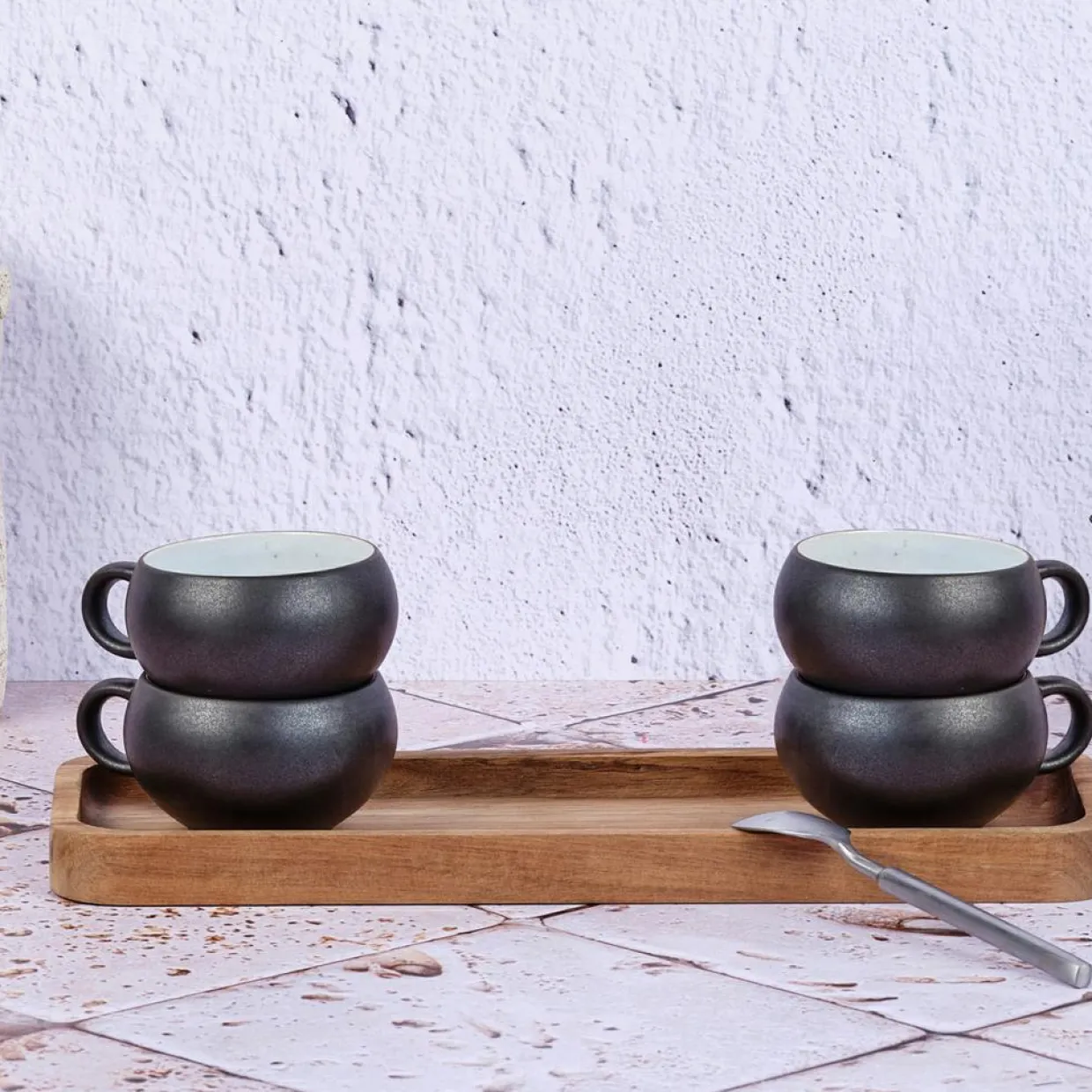 Bjorn Mugs, Tasses^4 Tasses en Grès Gourmet blanc granité/noir onyx - 12 cL