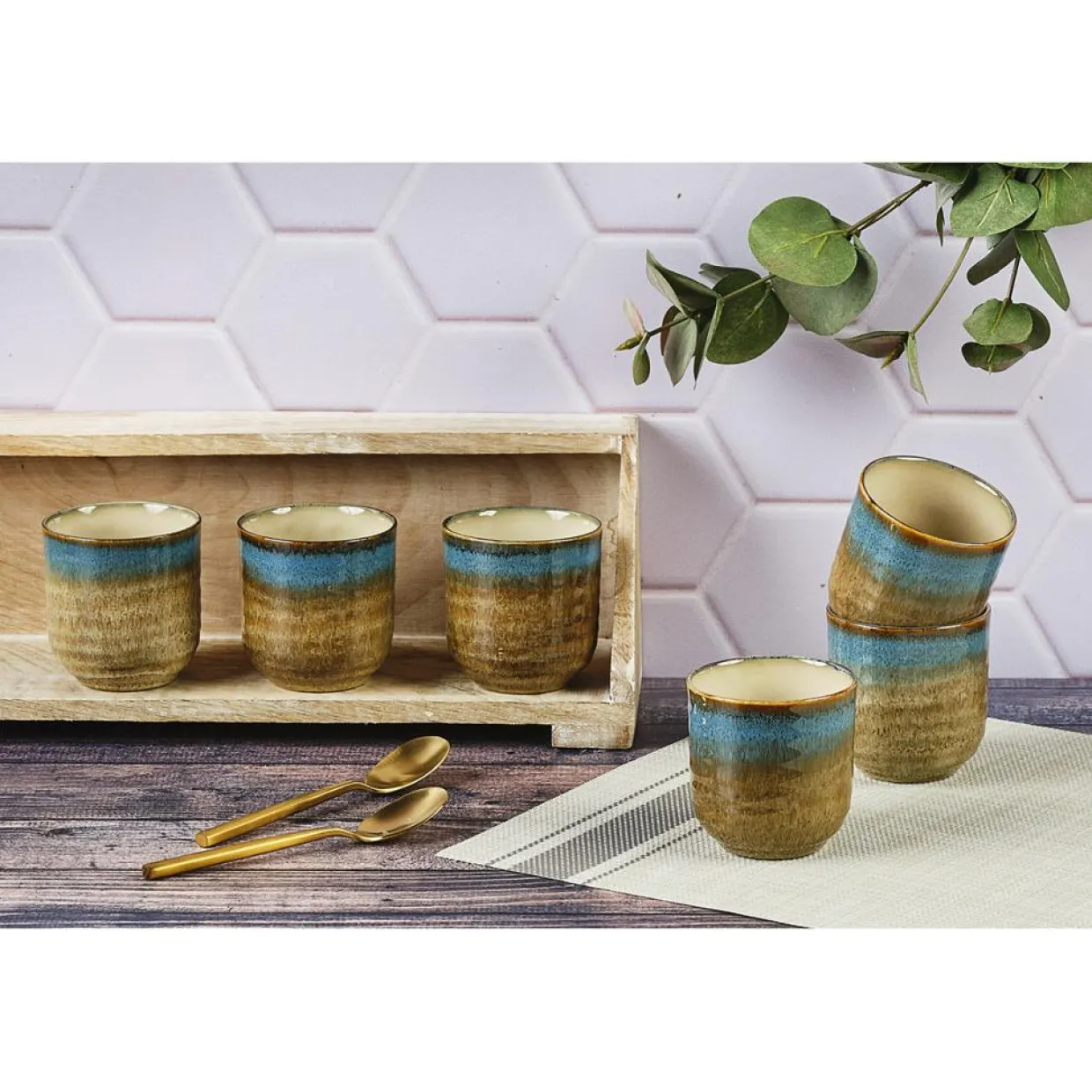 Bjorn Mugs, Tasses^6 Tasses en Grès Island kaki/bleu - 15 cl
