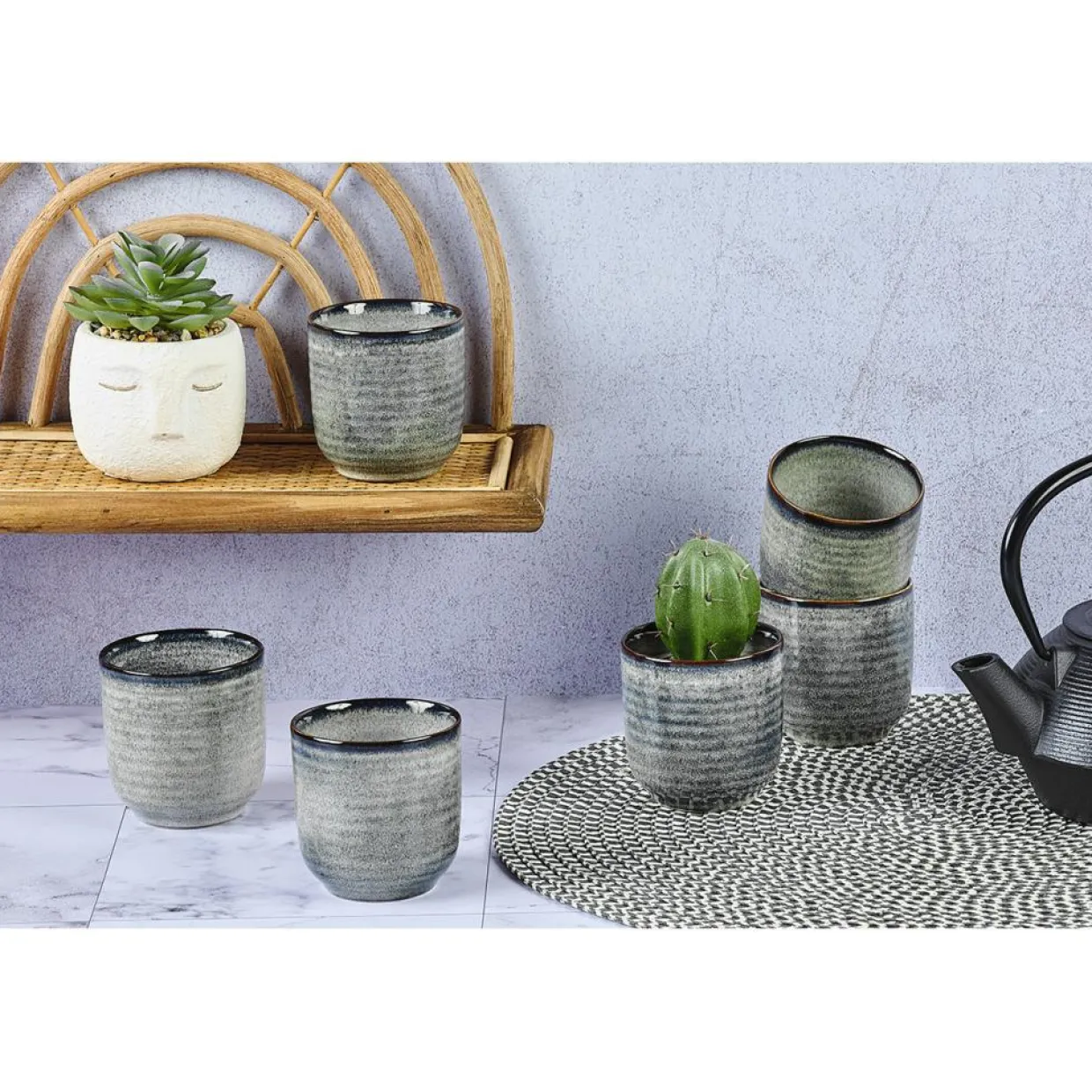 6 Tasses en Grès Zen gris/bleu - 20 cl-Bjorn Sale