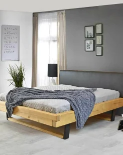 Uniqka Lits^Bakara - Lit poutre en bois massif d'épicéa et métal noir 160 CM