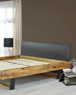 Uniqka Lits^Bakara - Lit poutre en bois massif d'épicéa et métal noir 160 CM
