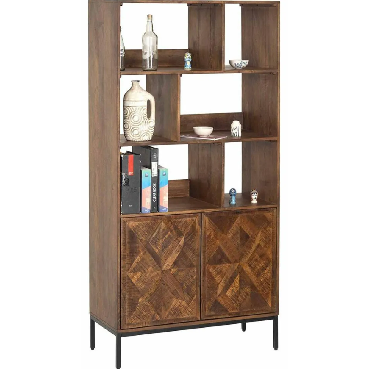 Bibliothèque 2 portes 6 niches manguier kama marron - 90x40x180 cm-Bois & Chiffons Outlet