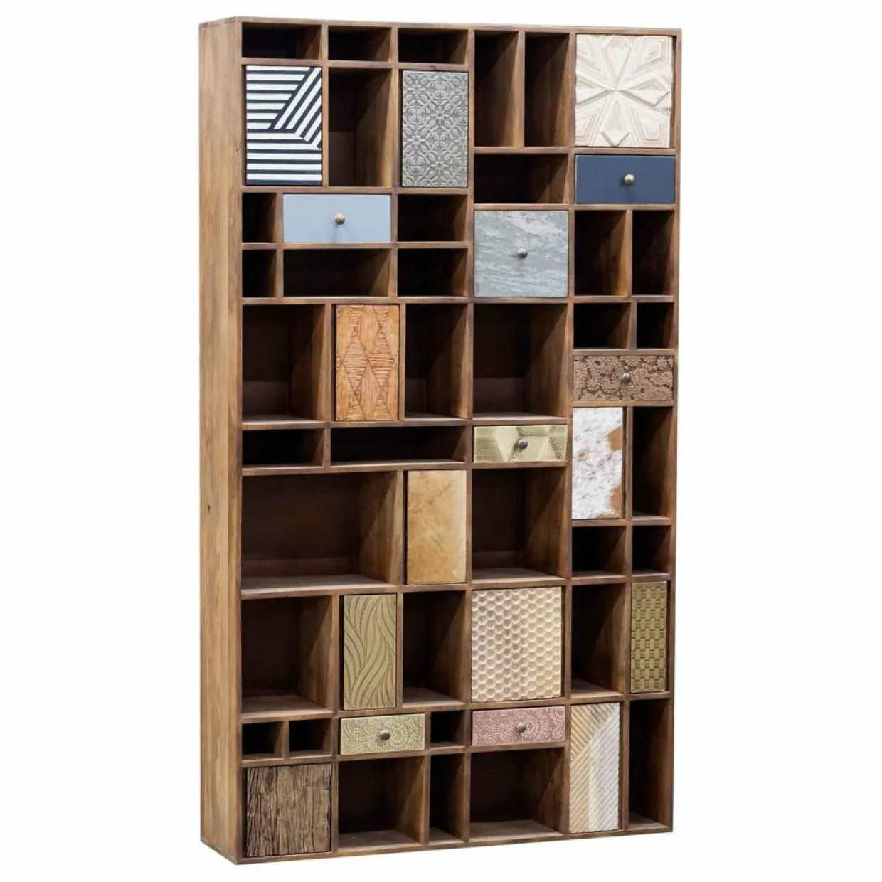 Bibliothèque multi-matériaux peau de vache bois sculpté Naturel - 115x30x200 cm-Bois & Chiffons Online