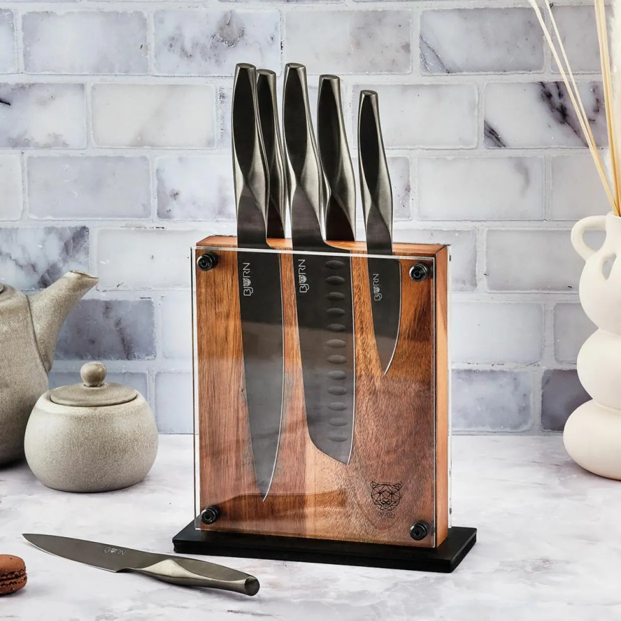 Bloc avec couteaux de cuisine Larus Rauma gris métal - 7 pièces-Bjorn New
