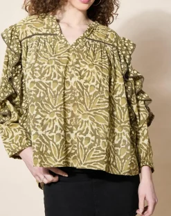 Blouse 100% Coton Bio Damud imprimée kaki-Louizon Sale