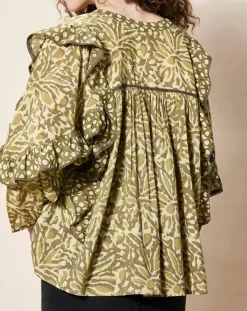 Blouse 100% Coton Bio Damud imprimée kaki-Louizon Sale