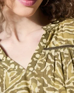 Blouse 100% Coton Bio Damud imprimée kaki-Louizon Sale