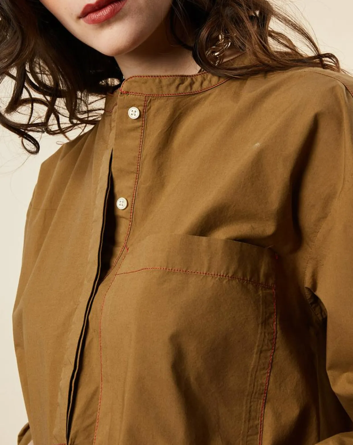 Blouse en Popeline de Coton oversize Cachou kaki-Chloé Stora