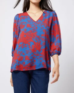 Femme Esprit Tops Et Blouses^Blouse en voile imprimé fendue au dos rouge/bleu