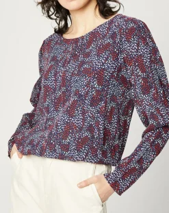 Blouse fluide à manches bouffantes motifs prune/bleu-Esprit Discount