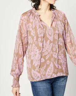 Blouse fluide à manches longues à Fleurs taupe/rose-Esprit Hot
