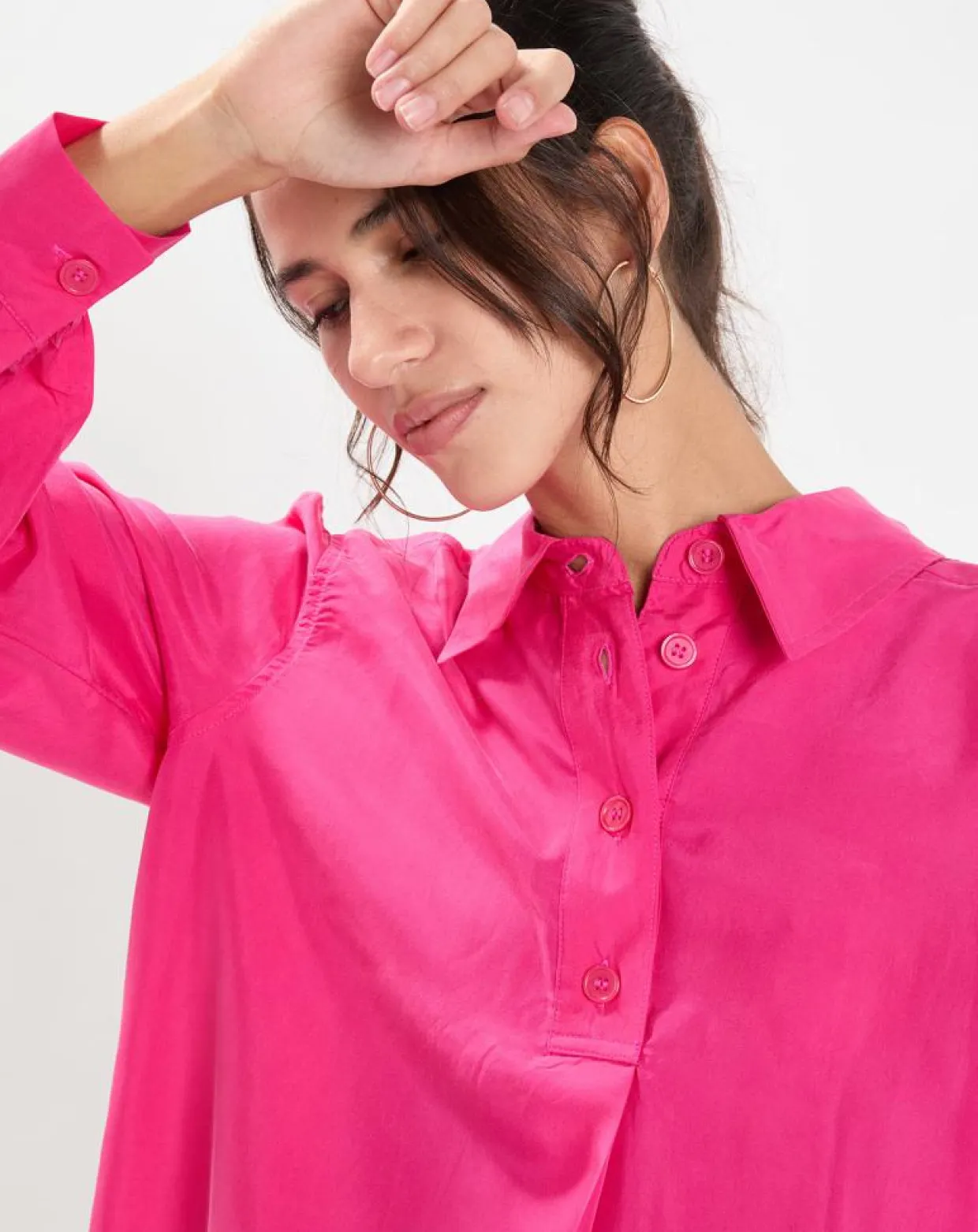 Femme Jodhpur Chemises^Blouse fluide 100% Soie Panos rose fuschia