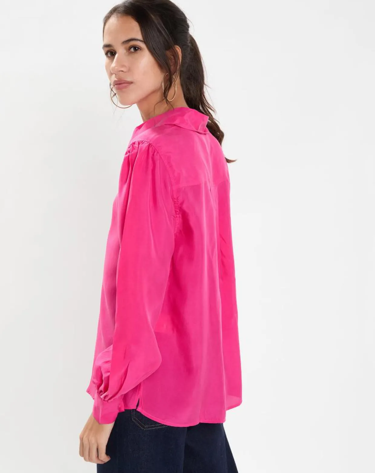 Femme Jodhpur Chemises^Blouse fluide 100% Soie Panos rose fuschia
