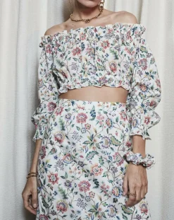 Blouse épaules dénudées liberty imprimée multicolore-Maison Père Sale