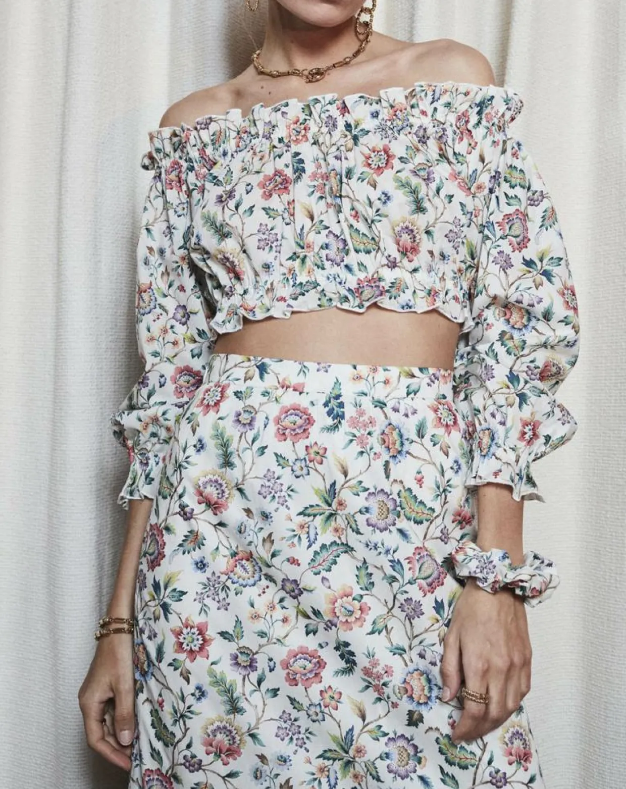 Blouse épaules dénudées liberty imprimée multicolore-Maison Père Sale