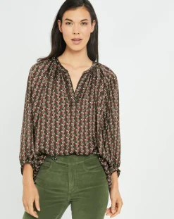 Blouse satinée Ciara imprimée forest kaki/marron-Lauren Vidal Outlet