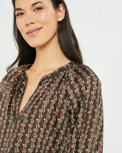 Blouse satinée Ciara imprimée forest kaki/marron-Lauren Vidal Outlet
