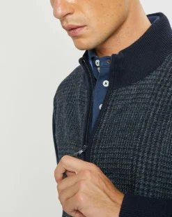 Blouson 100% Laine Tricot imprimé Prince de Galles bleu marine-Hackett London Clearance
