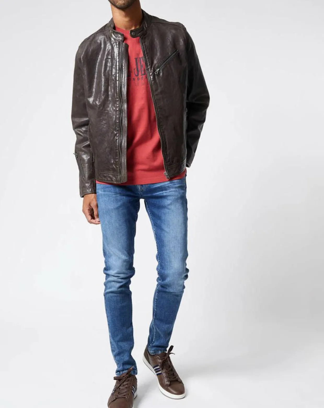 Homme Pepe Jeans Vestes, Blousons^Blouson en Cuir Motard gris foncé