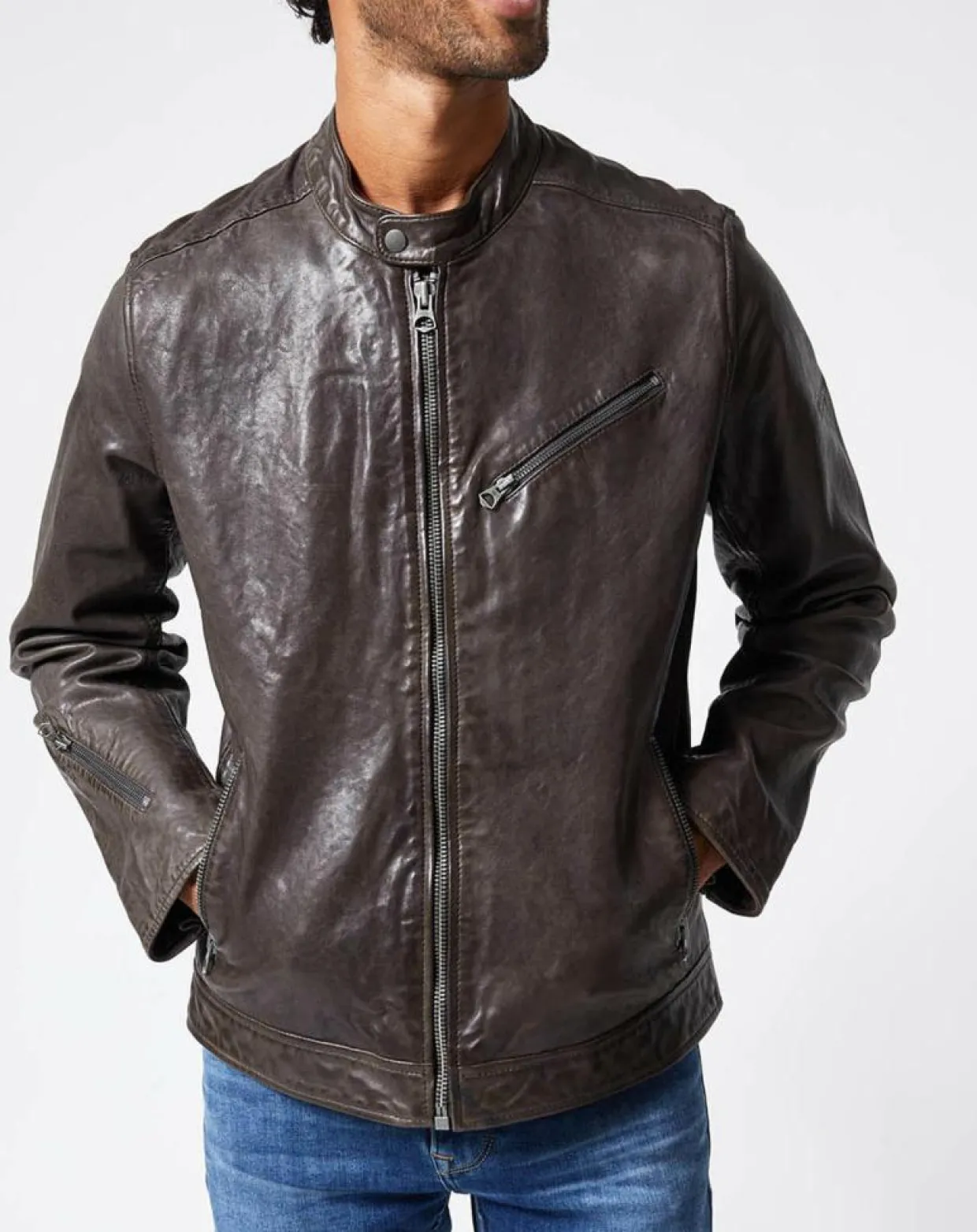 Homme Pepe Jeans Vestes, Blousons^Blouson en Cuir Motard gris foncé