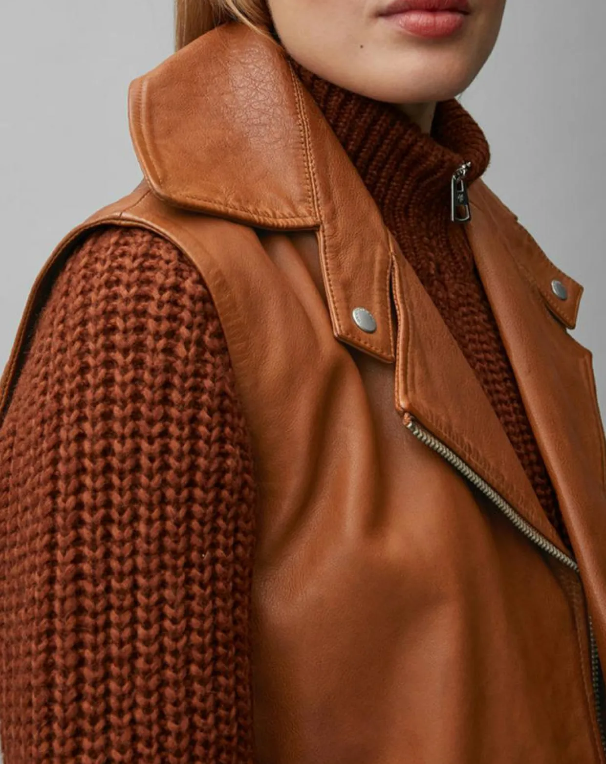 Blouson sans manches en Cuir d'Agneau marron clair-Marc O'Polo