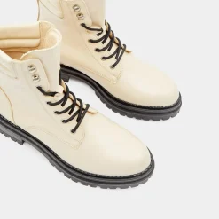 Femme Galeries Lafayette Bottines^Boots en Cuir à lacets col matelassé beiges - Talon 3 cm