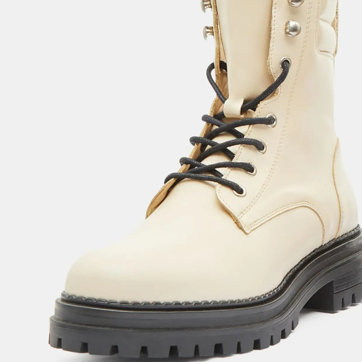 Femme Galeries Lafayette Bottines^Boots en Cuir à lacets col matelassé beiges - Talon 3 cm
