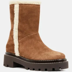 Femme Galeries Lafayette Bottines^Boots en Velours de Cuir fourrée camel - Talon 5 cm