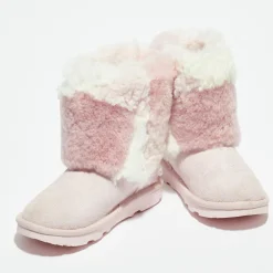 Enfant Ugg Bébé^Boots fourrées Laine & Fausse Fourrure en Velours de Cuir Classic Short Patchwork Fluff rose clair