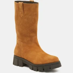 Femme Galeries Lafayette Bottines^Bottes en Cuir semelle épaisse camel - Talon 4 cm