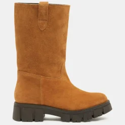 Femme Galeries Lafayette Bottines^Bottes en Cuir semelle épaisse camel - Talon 4 cm