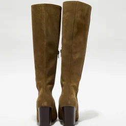 Bottes en Velours de Cuir Lara kaki - Talon 8 cm-Apologie Online