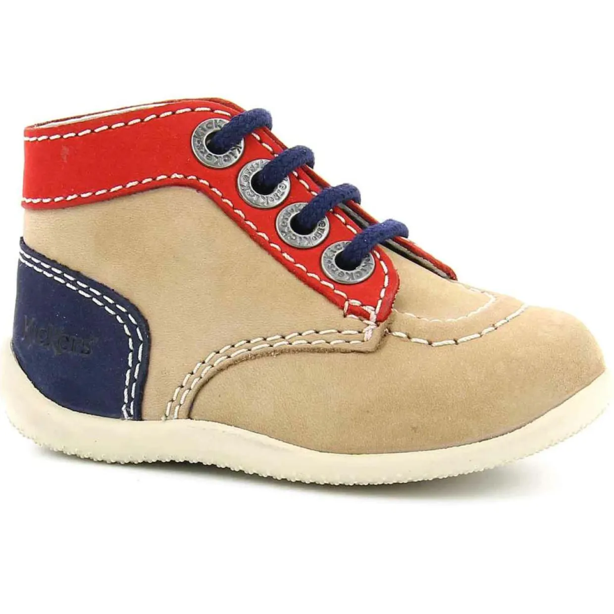 Enfant Kickers Bébé^Bottillons Bébé en Velours de cuir beige/rouge/marine