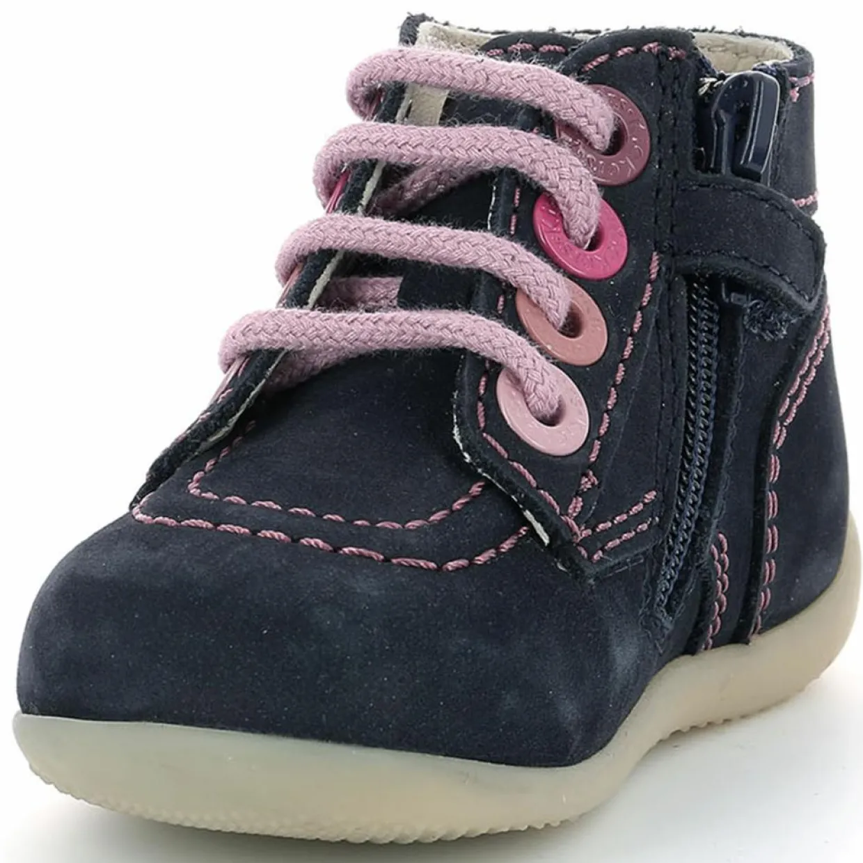 Enfant Kickers Bébé^Bottillons en Cuir Bonzip-2 marine/rose