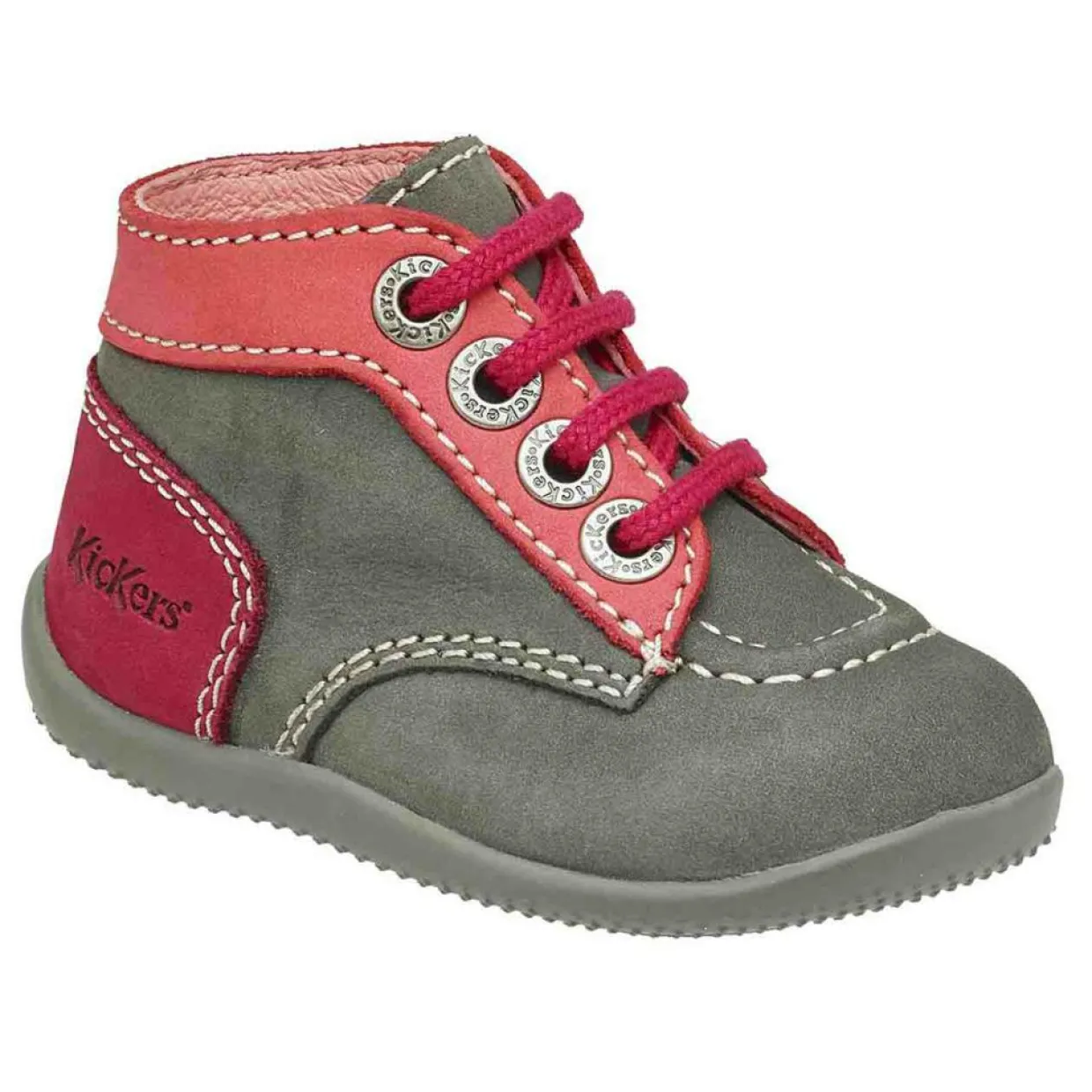 Enfant Kickers Bébé^Bottillons en Velours de Cuir Bonbon gris/rose/fuschia