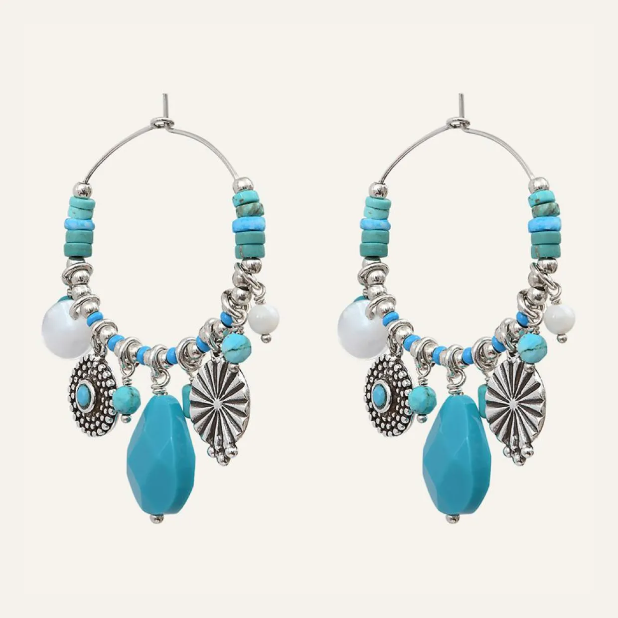 Boucles d'oreilles Positano multipierres argenté/turquoise-Reminiscence Clearance