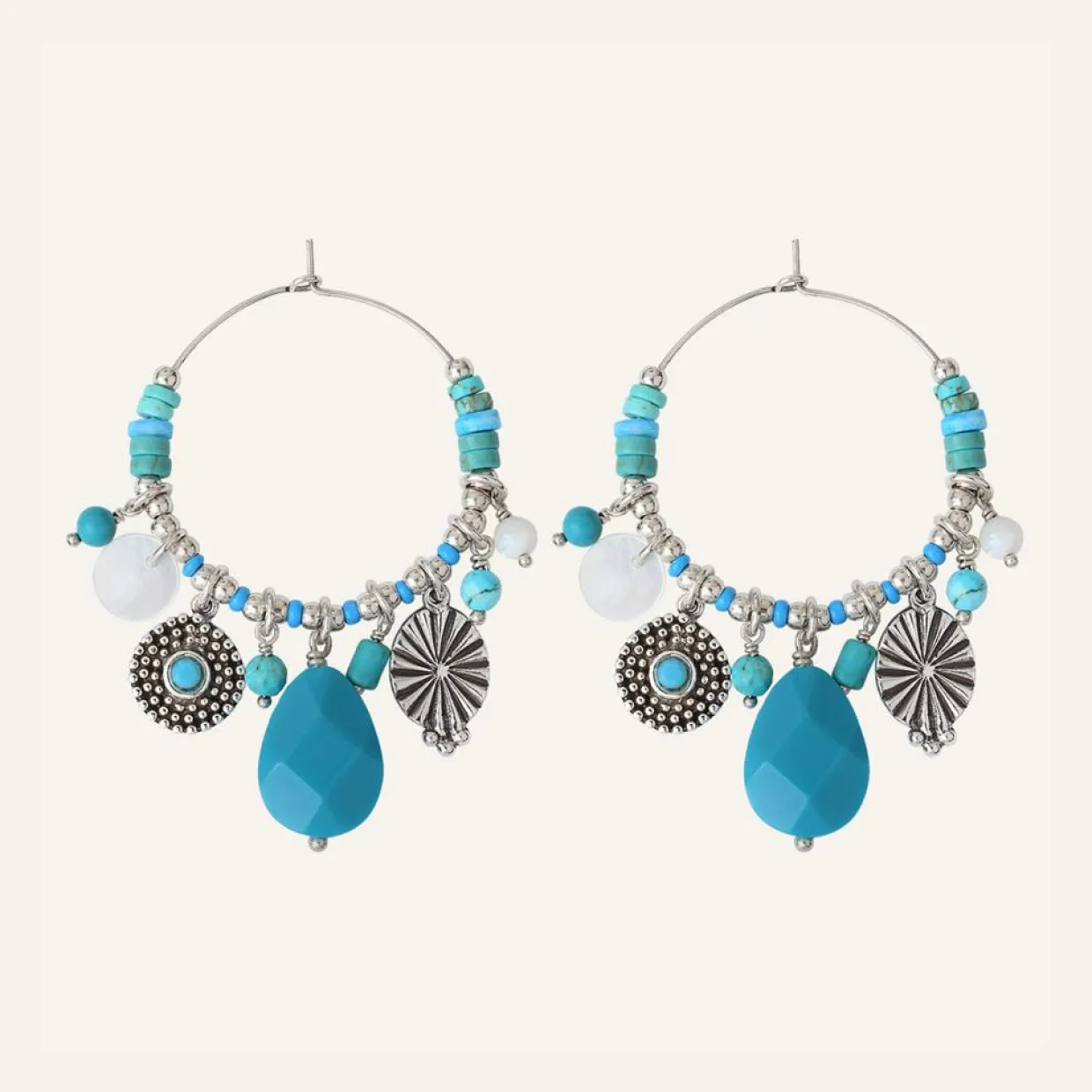 Boucles d'oreilles Positano multipierres argenté/turquoise-Reminiscence Clearance